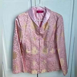 Asian Style Blazer Jacket Cotton/Polyester Pink Brocade Size XL (fits like a M)